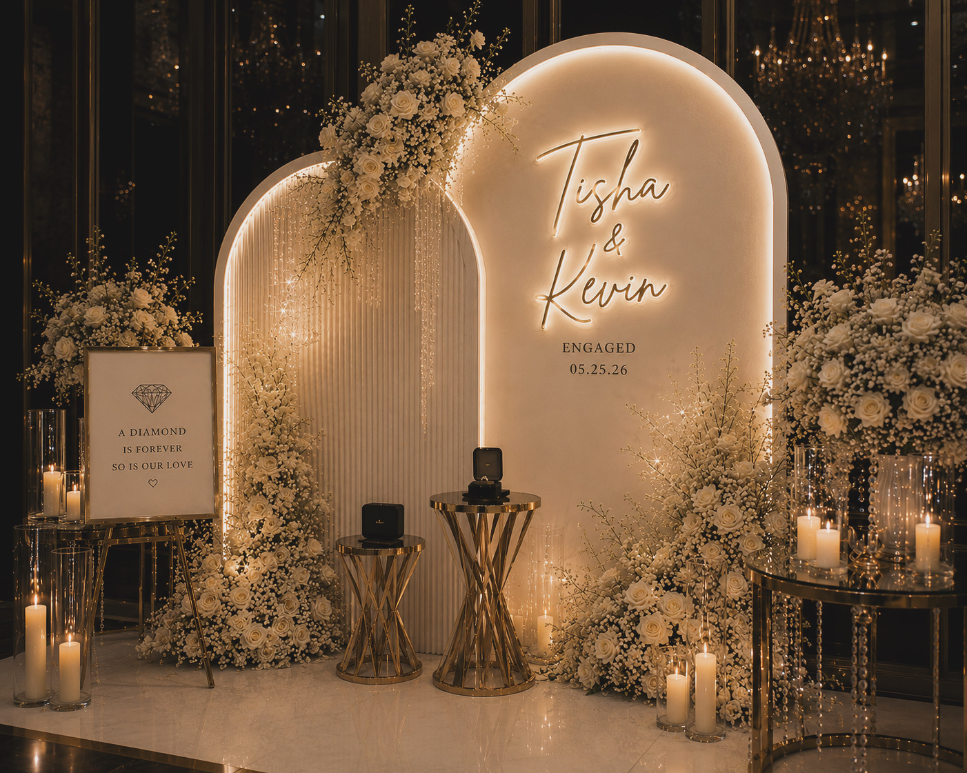 Luxury event backdrop with grand golden arch and white florals